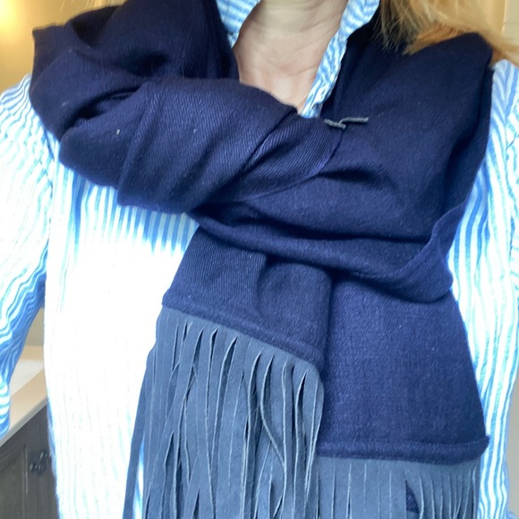 Navy wool elegant oversized wrap scarf with navy faux suede fringe trim 80 x 30 - Picture 1 of 10